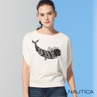 【NAUTICA】女裝俏皮藍鯨圖騰落肩T恤(白)