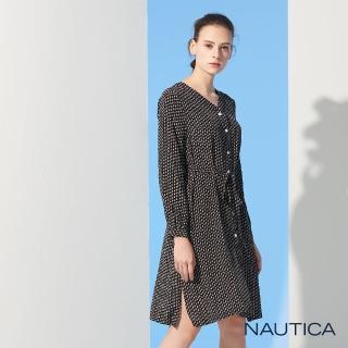 【NAUTICA】女裝滿版帆船印花圖騰長洋裝(黑)