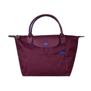 【LONGCHAMP】LONGCHAMP刺繡LOGO撞色設計尼龍短提把拉鍊摺疊手提包(小/梅紅x藍)