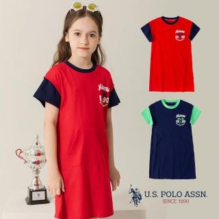【U.S. POLO ASSN.】女童假兩件連身裙-兩色(100%純棉)