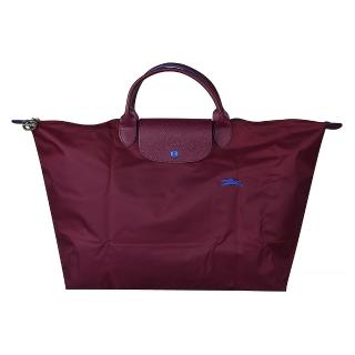 【LONGCHAMP】LONGCHAMP刺繡LOGO撞色設計尼龍短提把拉鍊摺疊手提包(大/紫x藍)