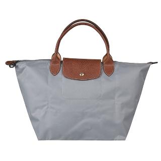 【LONGCHAMP】LONGCHAMP金字LOGO尼龍短提把拉鍊摺疊手提包(中/水泥灰)