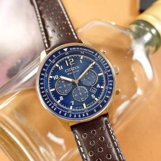 【CITIZEN 星辰】光動能 三眼計時 都會時尚 日期 小牛皮手錶 藍x玫瑰金框x深褐 44mm(CA4503-18L)