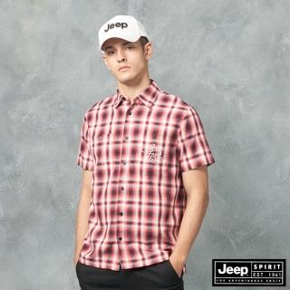 【JEEP】男裝 美式休閒格紋短袖襯衫(紅格)