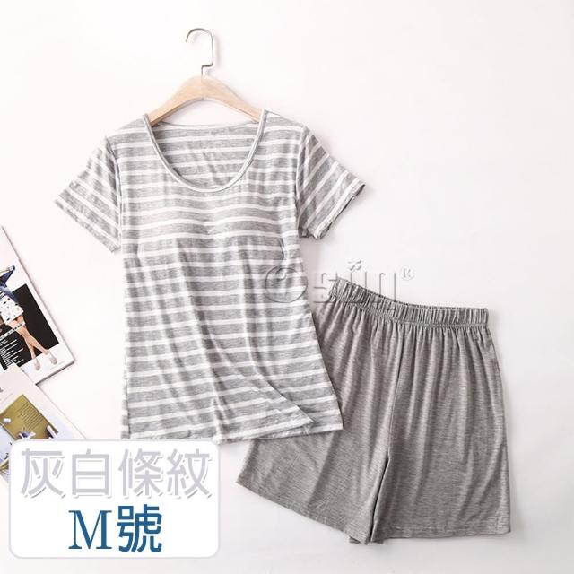 【Osun】2入組-莫代爾中大尺吋bra-t條紋帶胸墊短袖短褲睡衣套裝寬鬆居家休閒服(顏色任選/CE407)
