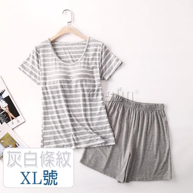 【Osun】2入組-莫代爾中大尺吋bra-t條紋帶胸墊短袖短褲睡衣套裝寬鬆居家休閒服(顏色任選/CE407)