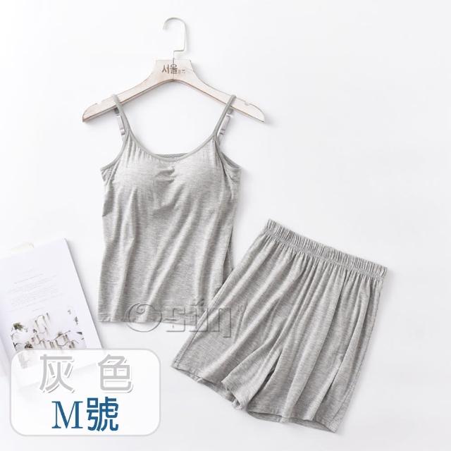 【Osun】2入組-莫代爾中大尺吋bra-t帶胸墊細肩帶背心睡衣短褲套裝居家休閒服(顏色任選/CE409)