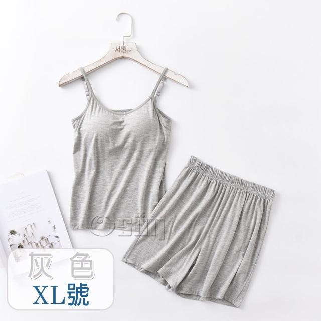 【Osun】2入組-莫代爾中大尺吋bra-t帶胸墊細肩帶背心睡衣短褲套裝居家休閒服(顏色任選/CE409)