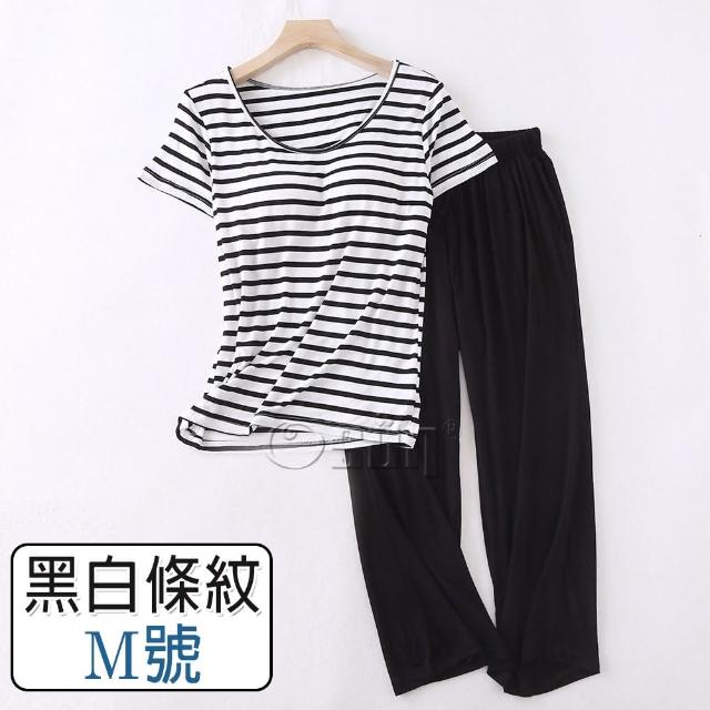 【Osun】莫代爾中大尺吋bra-t條紋帶胸墊短袖七分褲睡衣套裝寬鬆居家休閒服(特惠價CE406)