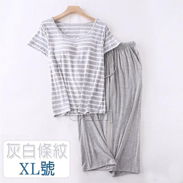 【Osun】莫代爾中大尺吋bra-t條紋帶胸墊短袖七分褲睡衣套裝寬鬆居家休閒服(特惠價CE406)