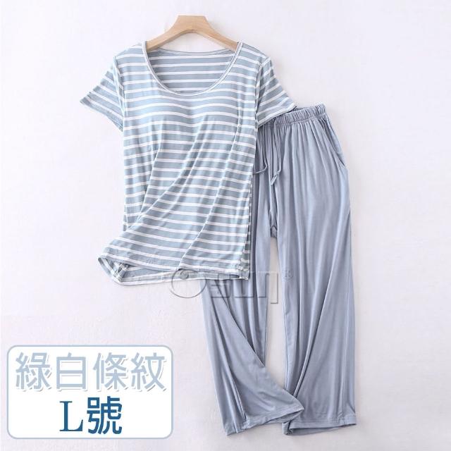【Osun】莫代爾中大尺吋bra-t條紋帶胸墊短袖七分褲睡衣套裝寬鬆居家休閒服(特惠價CE406)