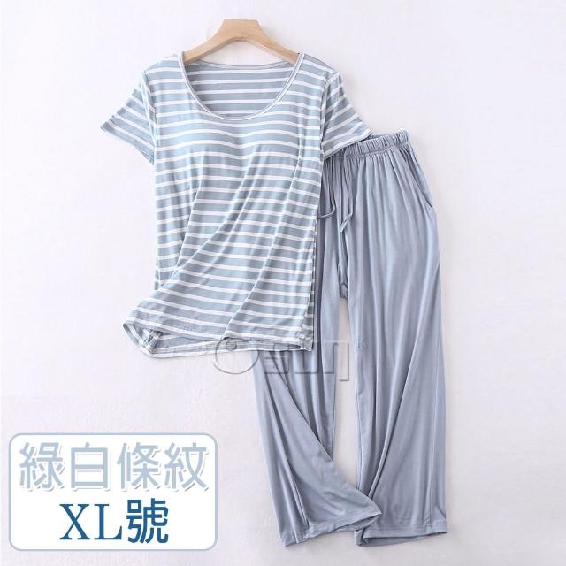 【Osun】莫代爾中大尺吋bra-t條紋帶胸墊短袖七分褲睡衣套裝寬鬆居家休閒服(特惠價CE406)