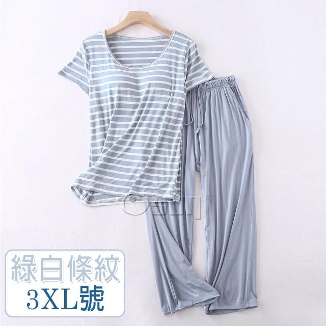【Osun】莫代爾中大尺吋bra-t條紋帶胸墊短袖七分褲睡衣套裝寬鬆居家休閒服(特惠價CE406)