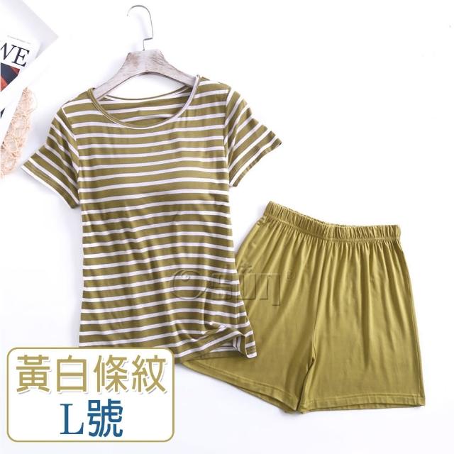 【Osun】莫代爾中大尺吋bra-t條紋帶胸墊短袖短褲睡衣套裝寬鬆居家休閒服(特惠價CE407)