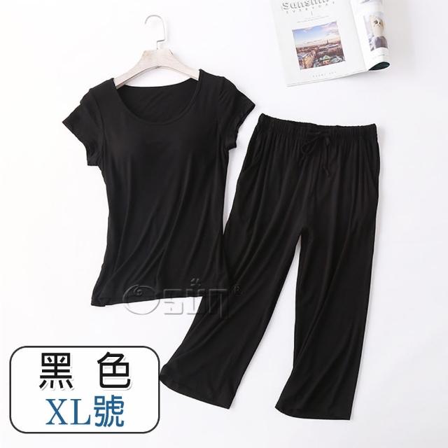 【Osun】莫代爾中大尺吋bra-t帶胸墊短袖七分褲睡衣套裝寬鬆居家休閒服(特惠價CE408)