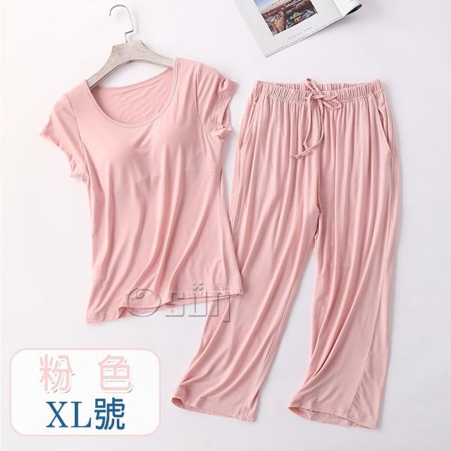 【Osun】莫代爾中大尺吋bra-t帶胸墊短袖七分褲睡衣套裝寬鬆居家休閒服(特惠價CE408)