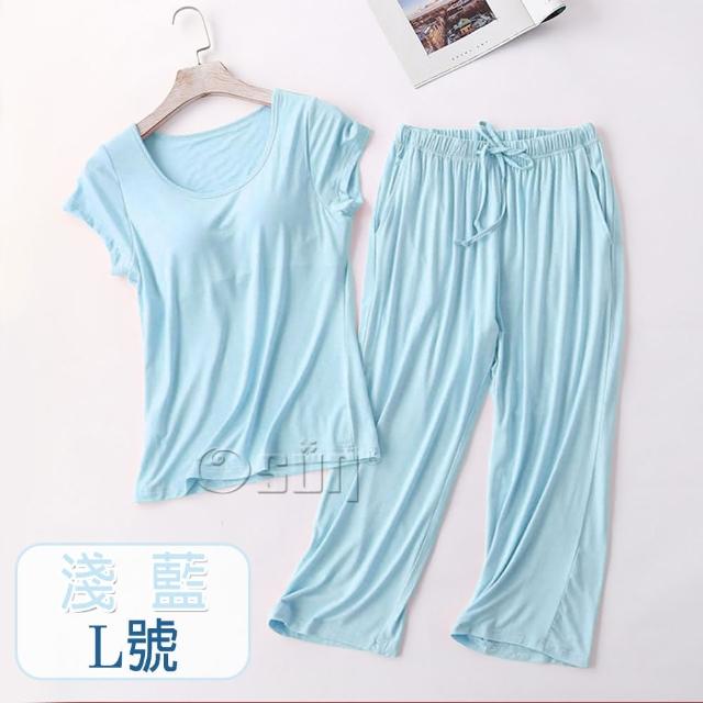 【Osun】莫代爾中大尺吋bra-t帶胸墊短袖七分褲睡衣套裝寬鬆居家休閒服(特惠價CE408)