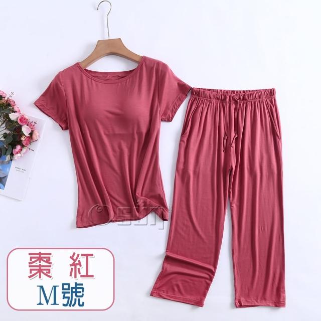 【Osun】莫代爾中大尺吋bra-t帶胸墊短袖七分褲睡衣套裝寬鬆居家休閒服(特惠價CE408)