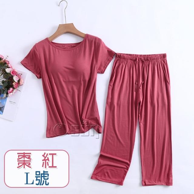 【Osun】莫代爾中大尺吋bra-t帶胸墊短袖七分褲睡衣套裝寬鬆居家休閒服(特惠價CE408)