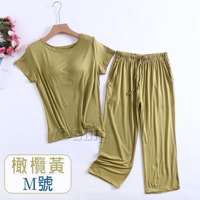 【Osun】莫代爾中大尺吋bra-t帶胸墊短袖七分褲睡衣套裝寬鬆居家休閒服(特惠價CE408)