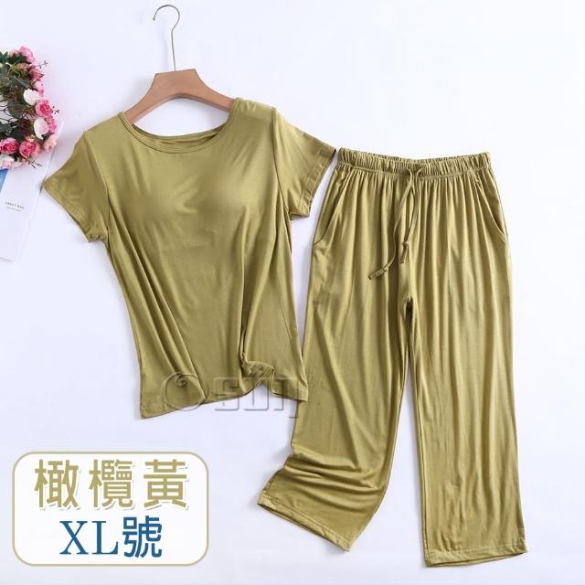 【Osun】莫代爾中大尺吋bra-t帶胸墊短袖七分褲睡衣套裝寬鬆居家休閒服(特惠價CE408)