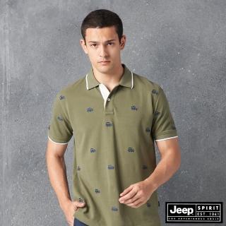 【JEEP】男裝 童趣滿版吉普車刺繡短袖POLO衫(軍綠)