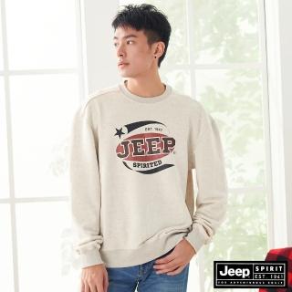 【JEEP】男裝復古LOGO圖騰長袖T恤(米白)