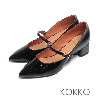 【KOKKO 集團】優雅赫本尖頭真皮拼接瑪莉珍粗跟鞋(黑色)