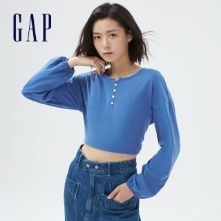 【GAP】女裝 厚磅密織 碳素軟磨系列 亨利領燈籠長袖T恤(753693-藍色)