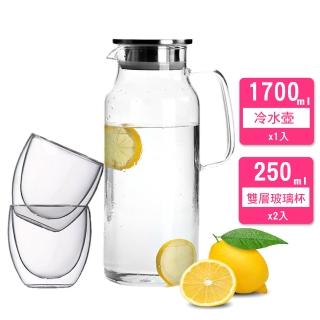 1壺2杯-Nordic簡約耐熱玻璃冷水壺組合1700ml+250ml(304不鏽鋼耐熱玻璃冷水壺雙層玻璃杯)