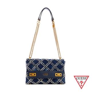 【GUESS】女包-復古菱格金屬LOGO肩背包-藍(QD787019DMU)