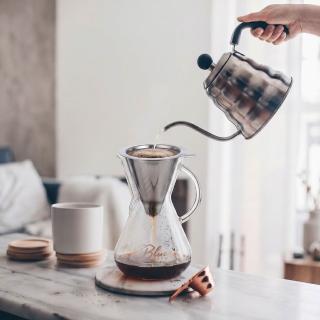【美國 Blue Brew】手沖咖啡壺2件組 含不鏽鋼雙層濾杯及咖啡壺 600ml(手沖咖啡 濾杯 玻璃水壺 質感生活)