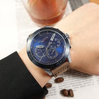 【Tommy Hilfiger】三眼三針 紳士潮流 星期日期 真皮手錶 藍x銀框x褐 46mm(1791895)
