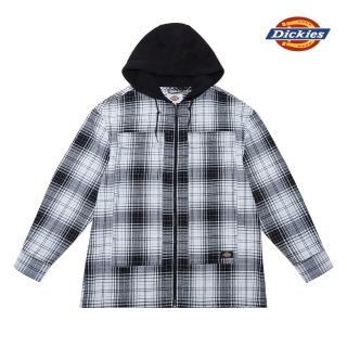 【Dickies】男款黑白格紋純棉法蘭絨拼接連帽拉鍊長袖襯衫｜DK009453C12