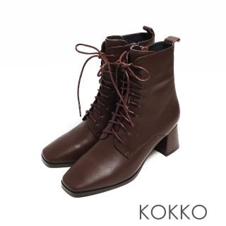 【KOKKO 集團】超方頭顯瘦真中粗跟拉鍊綁帶短靴(巧克力棕)