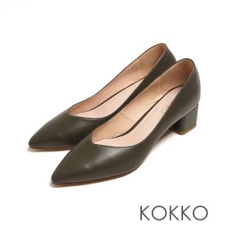 【KOKKO 集團】經典尖頭質感牛皮方塊跟鞋(橄欖綠色)