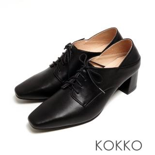 【KOKKO 集團】超平頭全真皮綁帶牛津後踩粗跟鞋(黑色)