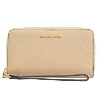 【Michael Kors】經典LOGO荔枝皮革手提式手機袋拉鍊中夾(膚/金釦)