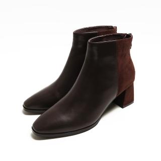 【KOKKO 集團】率性方頭異材真皮拼接拉鍊粗跟短靴(咖啡色)