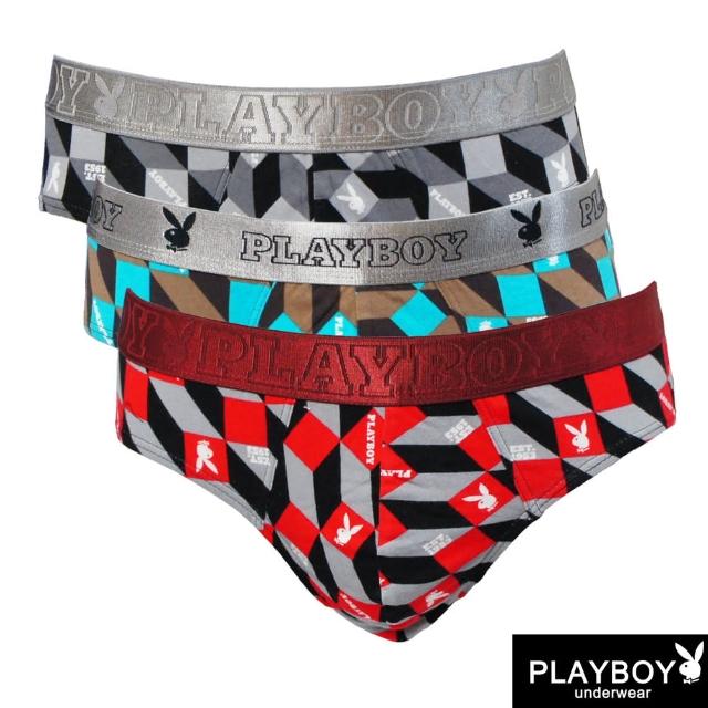 【PLAYBOY】3件組 方塊兔頭印花立體囊袋彈力棉三角褲-速(三角褲/男內褲)