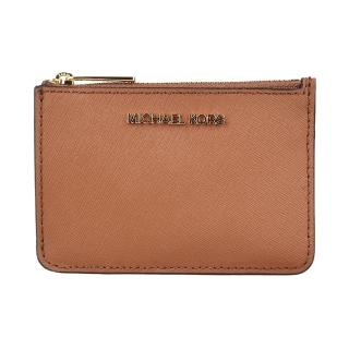 【Michael Kors】MICHAEL KORS JET SET金字LOGO防刮牛皮3卡拉鏈零錢卡夾(棕)
