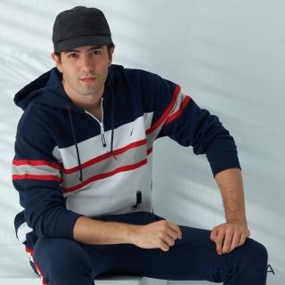【NAUTICA】男裝運動風拼接造型長袖帽T(海軍藍)