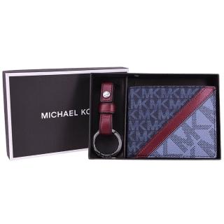 【Michael Kors】GIFTING系列 紳士風 防刮拼接皮革 6卡 短夾 鑰匙圈 禮盒(字母藍)