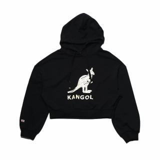 【KANGOL】帽T 黑色 大LOGO 滿版 短版 長袖 休閒 女(6152105120)