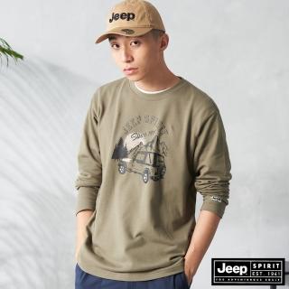 【JEEP】男裝 休閒吉普車圖騰長袖T恤(軍綠)