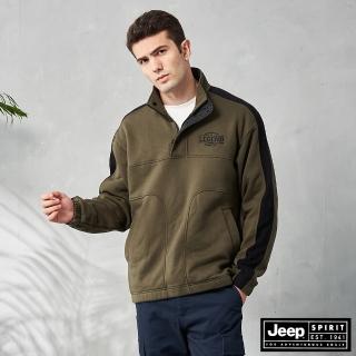 【JEEP】男裝 拼接造型刷毛長袖T恤(軍綠)