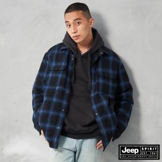 【JEEP】男裝 休閒寬鬆鋪棉格紋襯衫式外套(藍色)