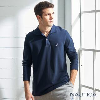 【NAUTICA】男裝經典素面純棉長袖POLO衫(深藍)