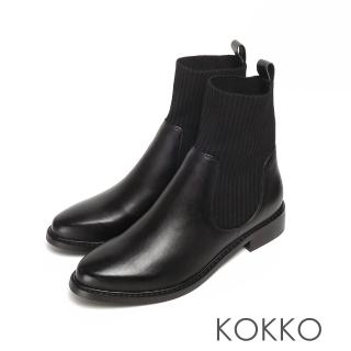 【KOKKO 集團】仿舊霧面針織彈力貼腿粗跟短襪靴(黑色)
