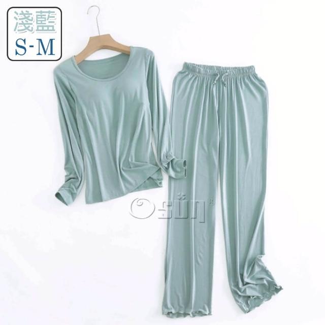 【Osun】Bra-T莫代爾帶胸墊寬鬆長袖荷葉邊長褲套裝睡衣保暖居家服(特惠價CE430-)
